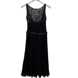 Theia Cocktail Dress Womens 6 Black Midi Sleeveless Lace Top Pleated Skirt Belt‎